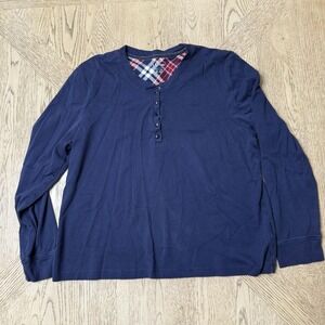 L.L. Bean XL Navy Blue Plaid Long Sleeve Henley Top Shirt‎